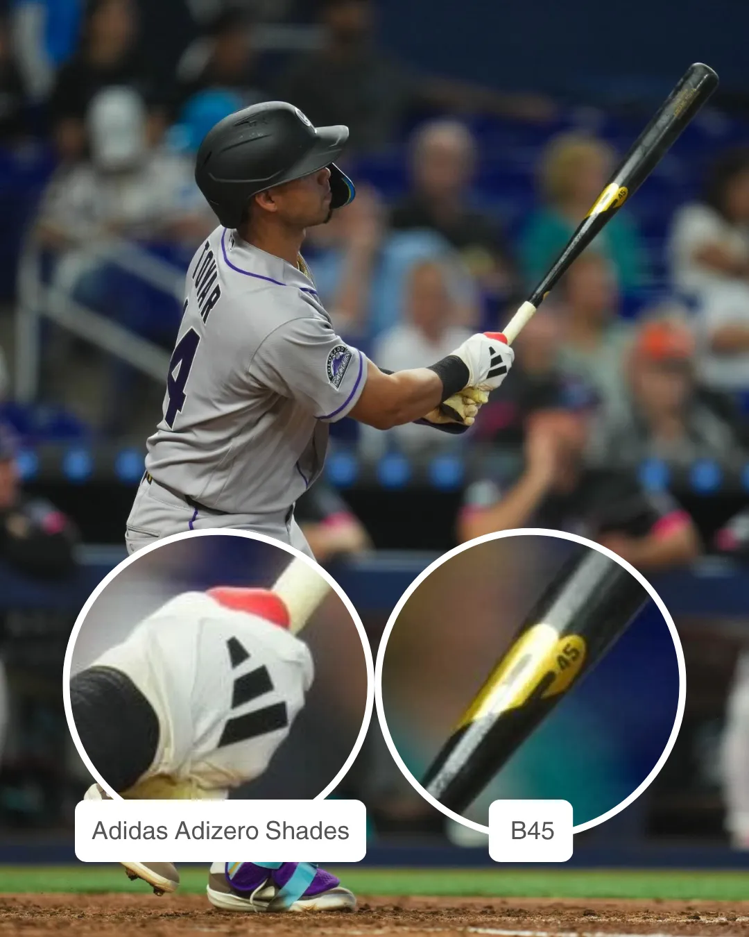 Ezequiel Tovar showcasing his B45 bat and Adidas Adizero Shades batting gloves
