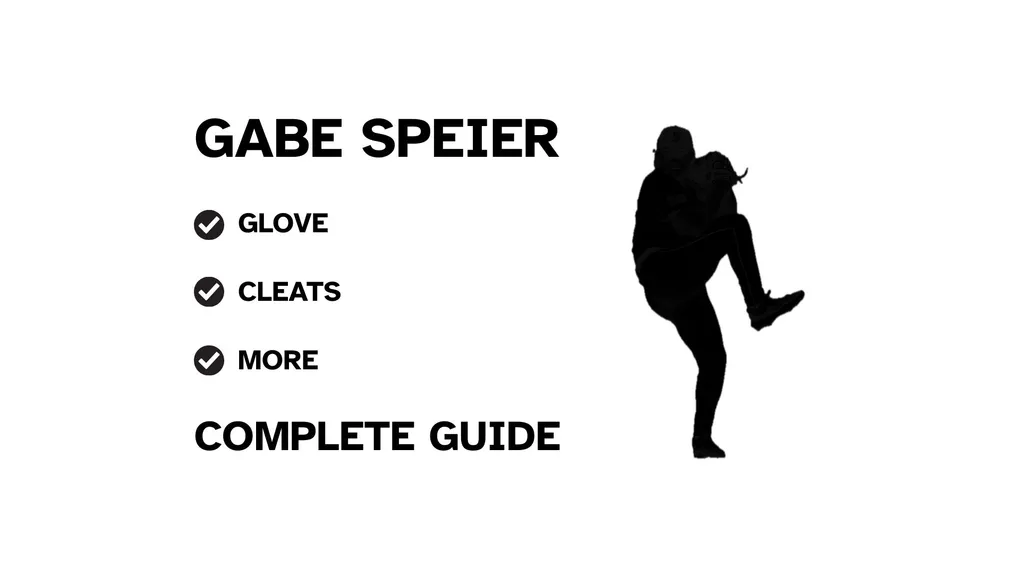 A graphic for the complete guide to Gabe Speier's baseball gear, featuring his name, a silhouette of him pitching, and a checklist including his glove and cleats.