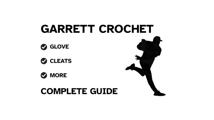 A graphic for the complete guide to Garrett Crochet's baseball gear, featuring his name, a silhouette of him pitching, and a checklist including his glove and cleats.