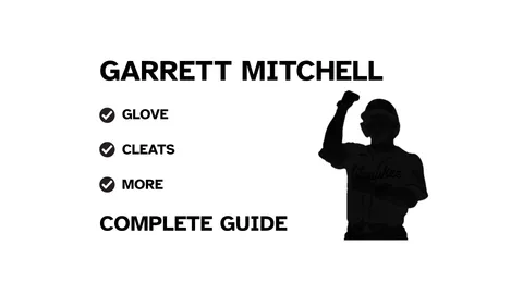 A guide to Garrett Mitchell's baseball gear, featuring his batting and a showcase of his equipment.