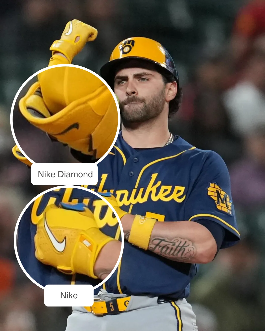Garrett Mitchell showcasing Nike batting gloves and Nike elbow guard.
