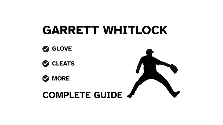 A graphic for the complete guide to Garrett Whitlock's baseball gear, featuring his name, a silhouette of him pitching, and a checklist including his glove and cleats.
