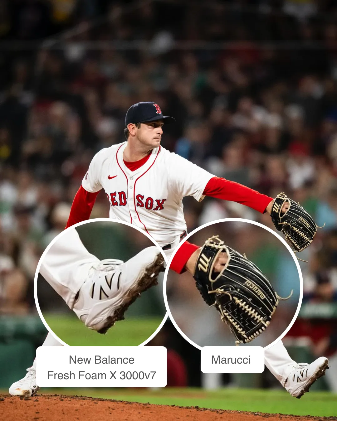 Garrett Whitlock pitching with Marucci glove and New Balance Fresh Foam X 3000v7 cleats.