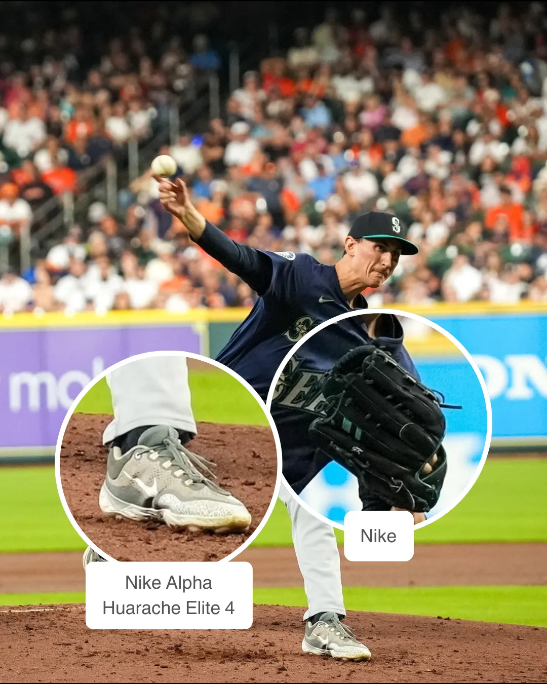 George Kirby wearing Nike glove and Nike Alpha Huarache Elite 4 cleats