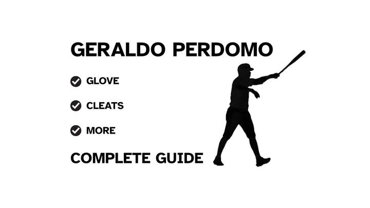 A graphic for the complete guide to Geraldo Perdomo's baseball gear, featuring his name, a silhouette of him batting, and a checklist including his glove and cleats.