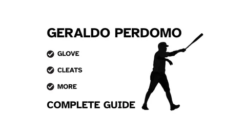 A graphic for the complete guide to Geraldo Perdomo's baseball gear, featuring his name, a silhouette of him batting, and a checklist including his glove and cleats.