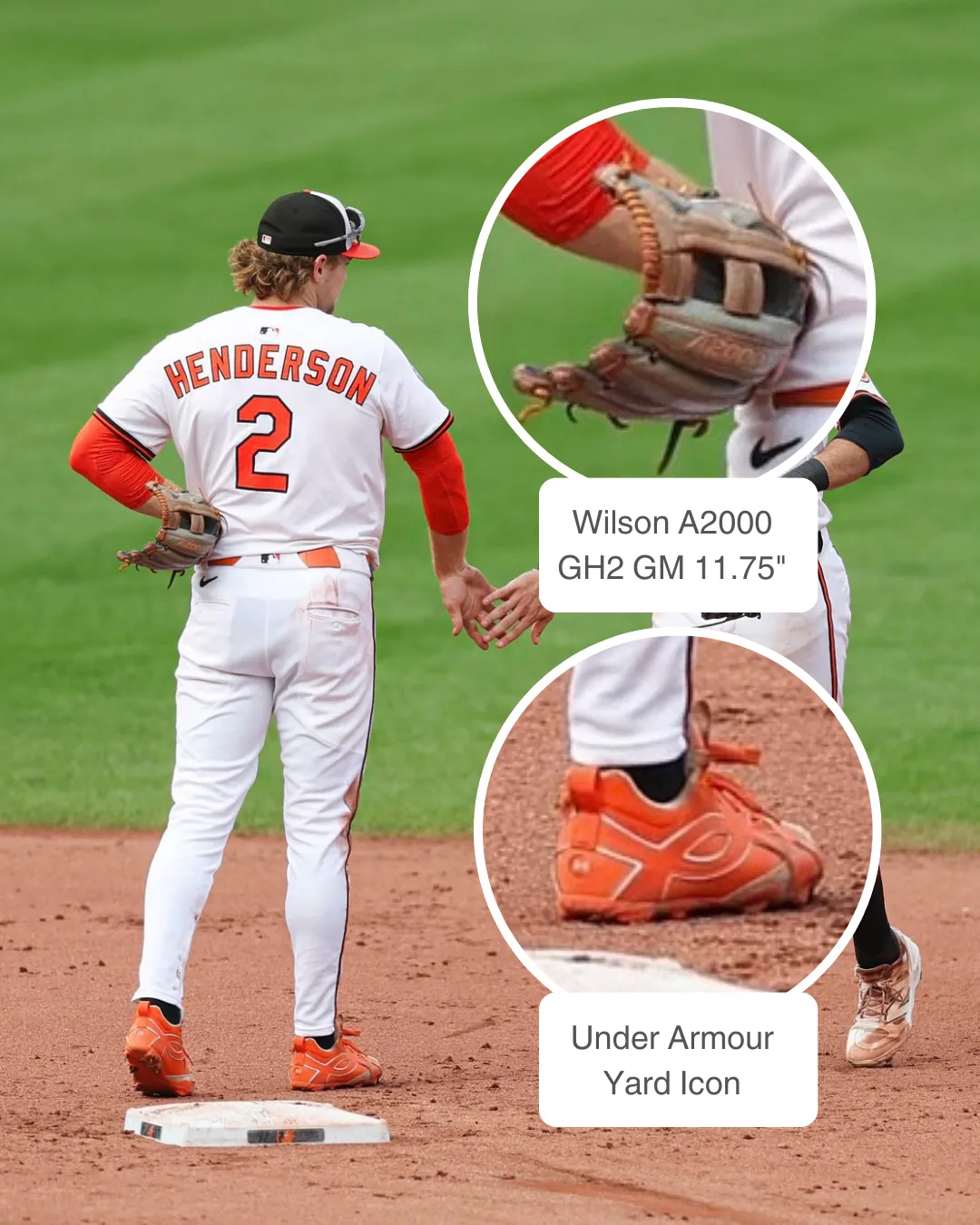 Gunnar Henderson wearing Wilson A2000 GH2 GM glove and Under Armour Yard Icon cleats