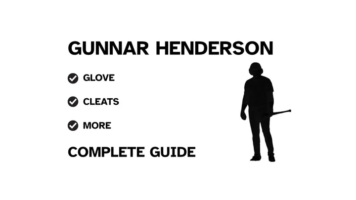 A graphic for the complete guide to Gunnar Henderson's baseball gear, featuring his name, a silhouette of him batting, and a checklist including his glove and cleats.
