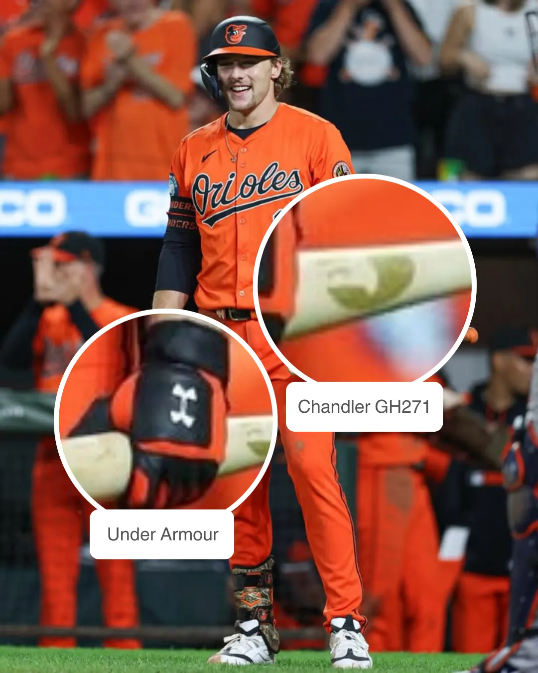 Gunnar Henderson wearing Wilson A2000 GH2 GM glove and Chandler GH271 bat