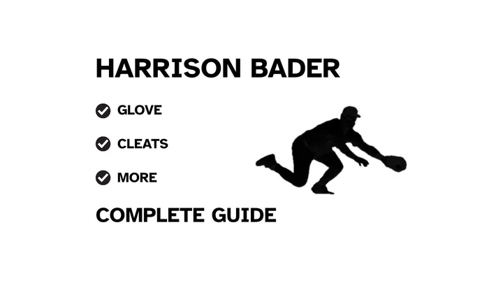 A graphic for the complete guide to Harrison Bader's baseball gear, featuring his name, a silhouette of him batting, and a checklist including his glove and cleats.