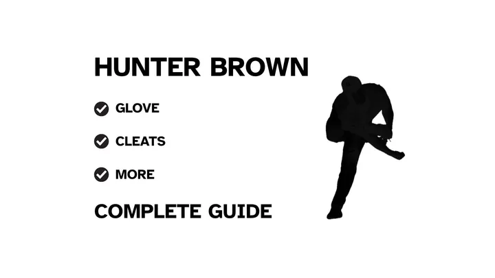 A graphic for the complete guide to Hunter Brown's baseball gear, featuring his name, a silhouette of him pitching, and a checklist including his glove and cleats.