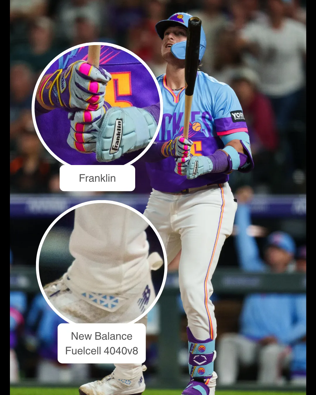Hunter Goodman showcasing his batting gloves and cleats