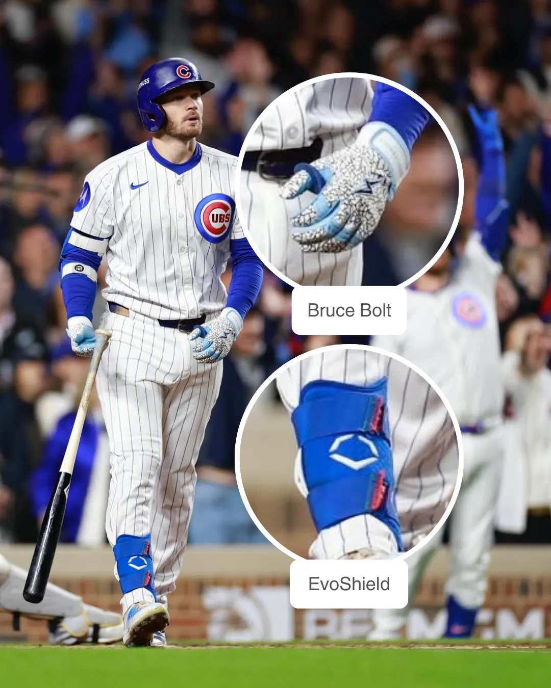 Ian Happ at bat wearing Belgard leg guard and holding a Louisville Slugger bat