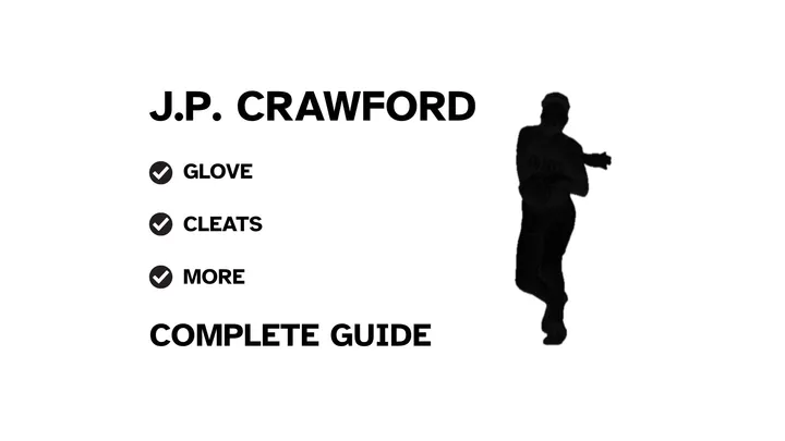A graphic for the complete guide to J.P. Crawford's baseball gear, featuring his name, a silhouette of him batting, and a checklist including his glove and cleats.