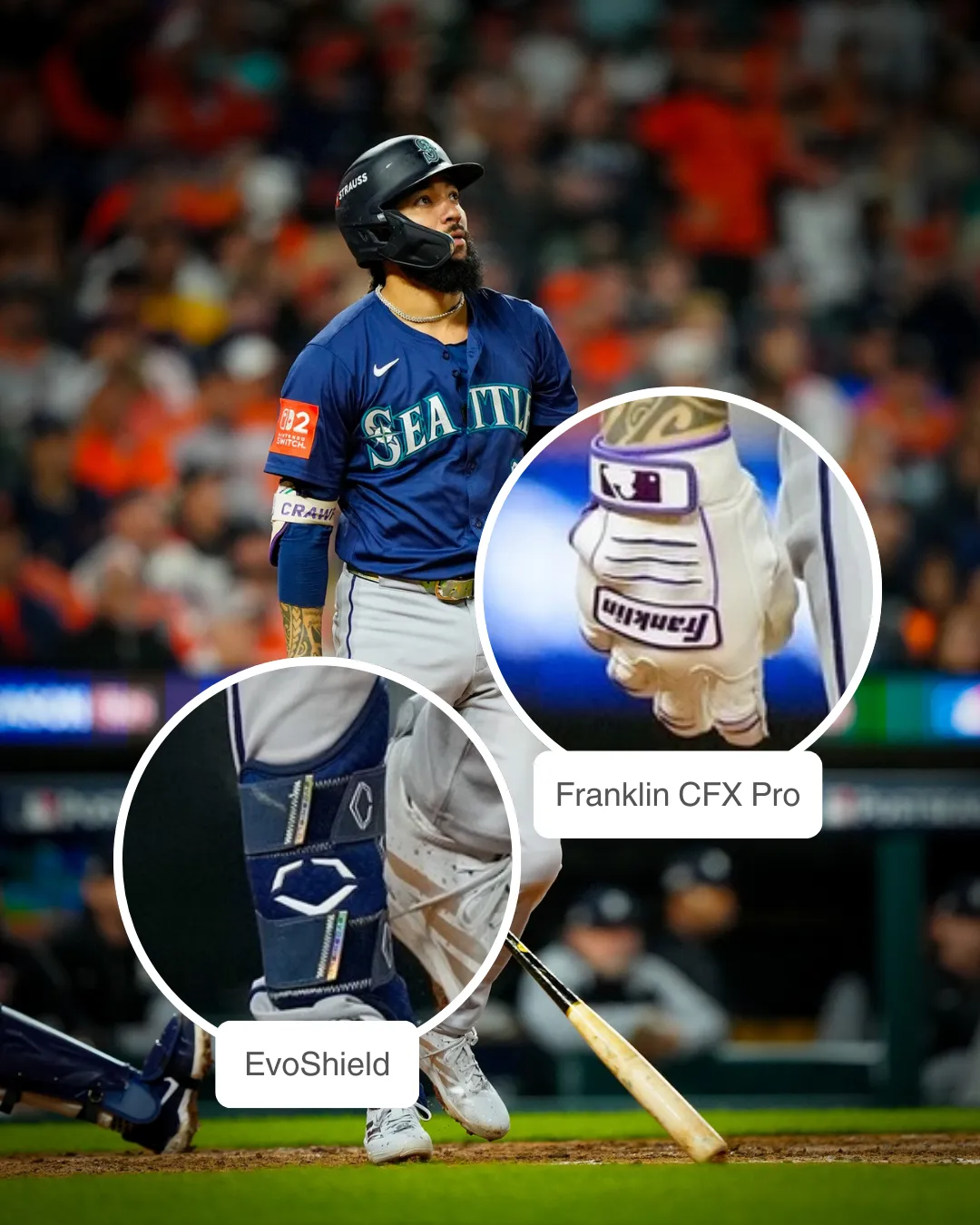 J.P. Crawford wearing franklin cfx pro batting gloves and evoshield leg guard