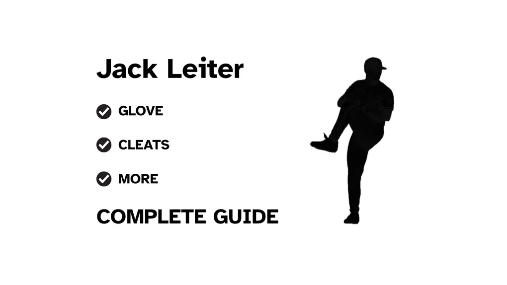 A graphic for the complete guide to Jack Leiter's baseball gear, featuring his name, a silhouette of him pitching, and a checklist including his glove and cleats.