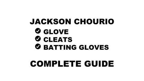 A graphic for the complete guide to Jackson Chourio's baseball gear, featuring his name, a silhouette, and a checklist including his glove, cleats, batting gloves, and arm sleeve.
