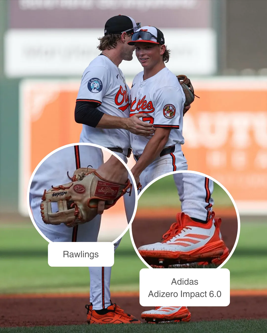 Jackson Holliday wearing Adidas adizero impact 2.0 cleats and Rawlings glove