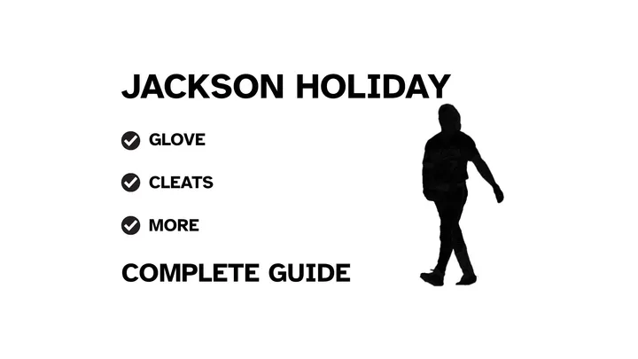 A graphic for the complete guide to Jackson Holliday's baseball gear, featuring his name, a silhouette of him batting, and a checklist including his glove, cleats and batting gloves.