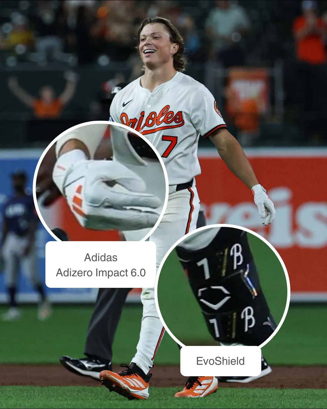 Jackson Holliday wearing Adidas batting gloves and EvoShield leg guard