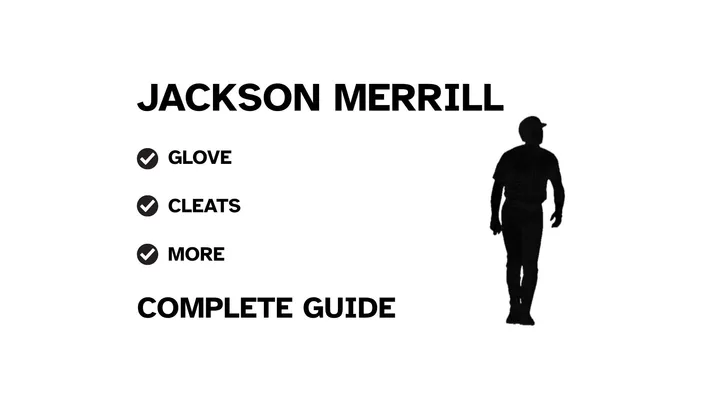 A graphic for the complete guide to Jackson Merrill's baseball gear, featuring his name, a silhouette of him batting, and a checklist including his glove and cleats.