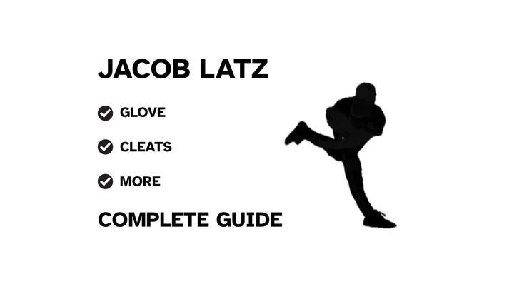 A graphic for the complete guide to Jacob Latz's baseball gear, featuring his name, a silhouette of him pitching, and a checklist including his glove and cleats.