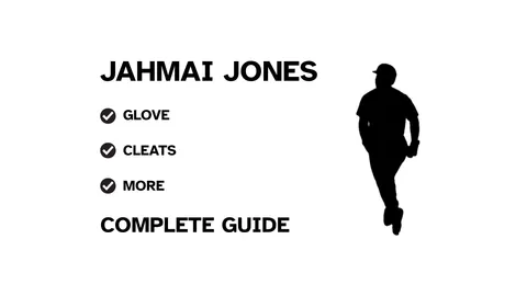 A graphic for the complete guide to Jahmai Jones's baseball gear, featuring his name, a silhouette of him batting, and a checklist including his glove and cleats.