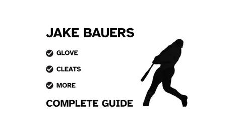 A guide to Jake Bauers's batting gear, featuring his name and a showcase of his equipment.