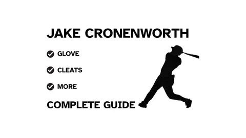 A graphic for the complete guide to Jake Cronenworth's baseball gear, featuring his name, a silhouette of him batting, and a checklist including his glove and cleats.