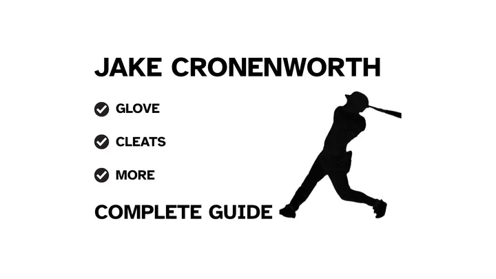 A graphic for the complete guide to Jake Cronenworth's baseball gear, featuring his name, a silhouette of him batting, and a checklist including his glove and cleats.