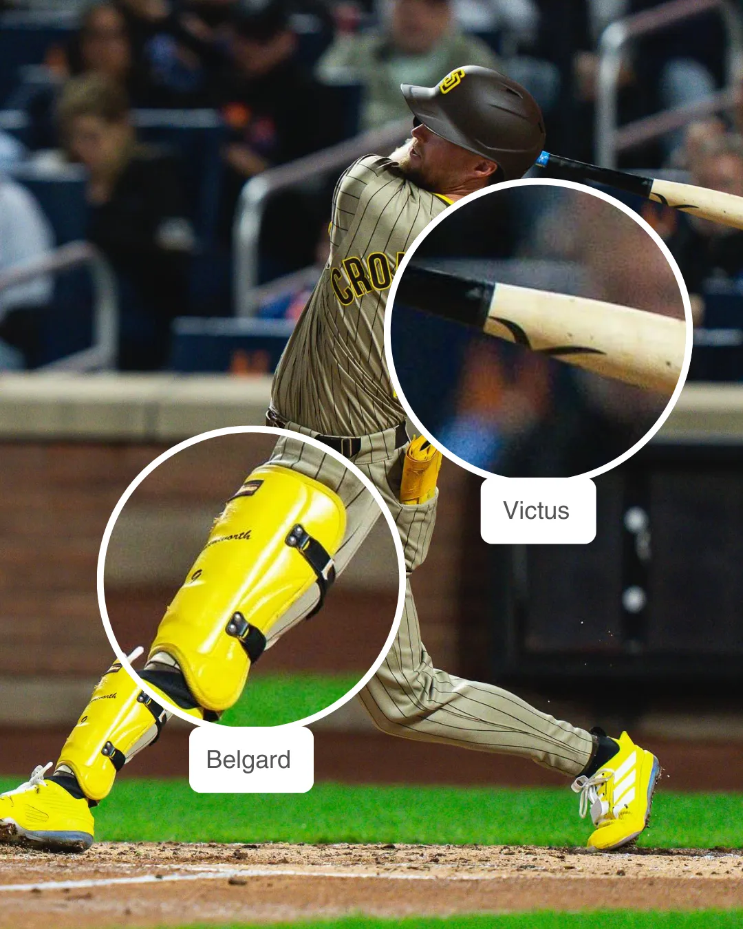 Jake Cronenworth at bat wearing Belgard leg guard and holding a Victus bat