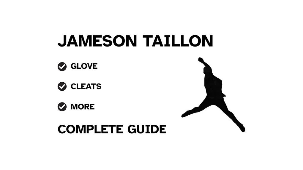 A graphic for the complete guide to Jameson Taillon's baseball gear, featuring his name, a silhouette of him pitching, and a checklist including his glove and cleats.
