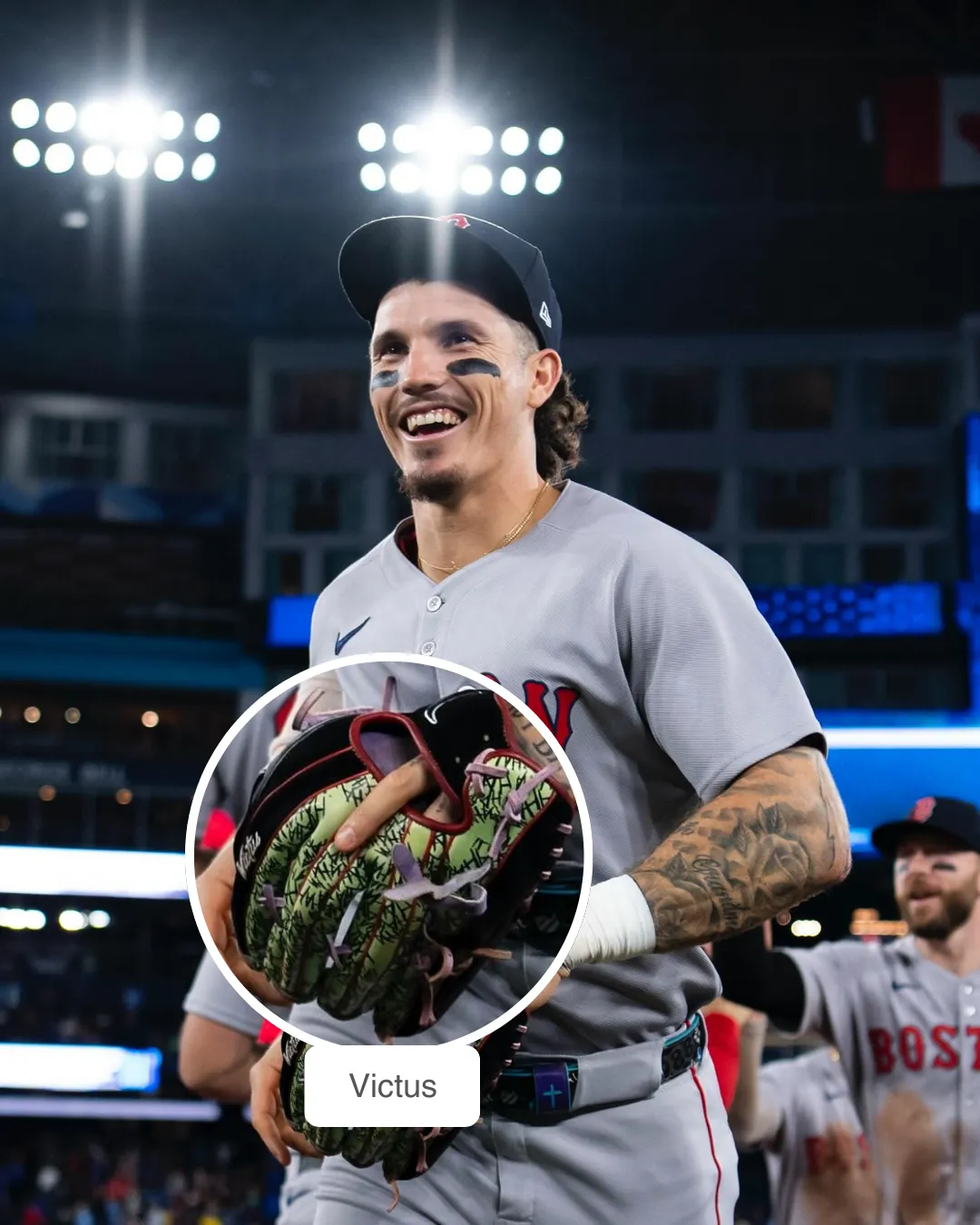 Jarren Duran wearing Victus Custom Outfield Glove, Nike cleats, and Pioneer Fit belt