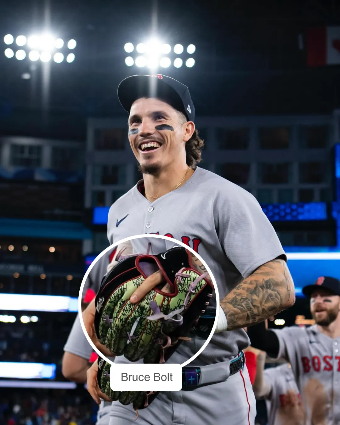 Jarren Duran wearing Victus Custom Outfield Glove, Nike cleats, and Pioneer Fit belt
