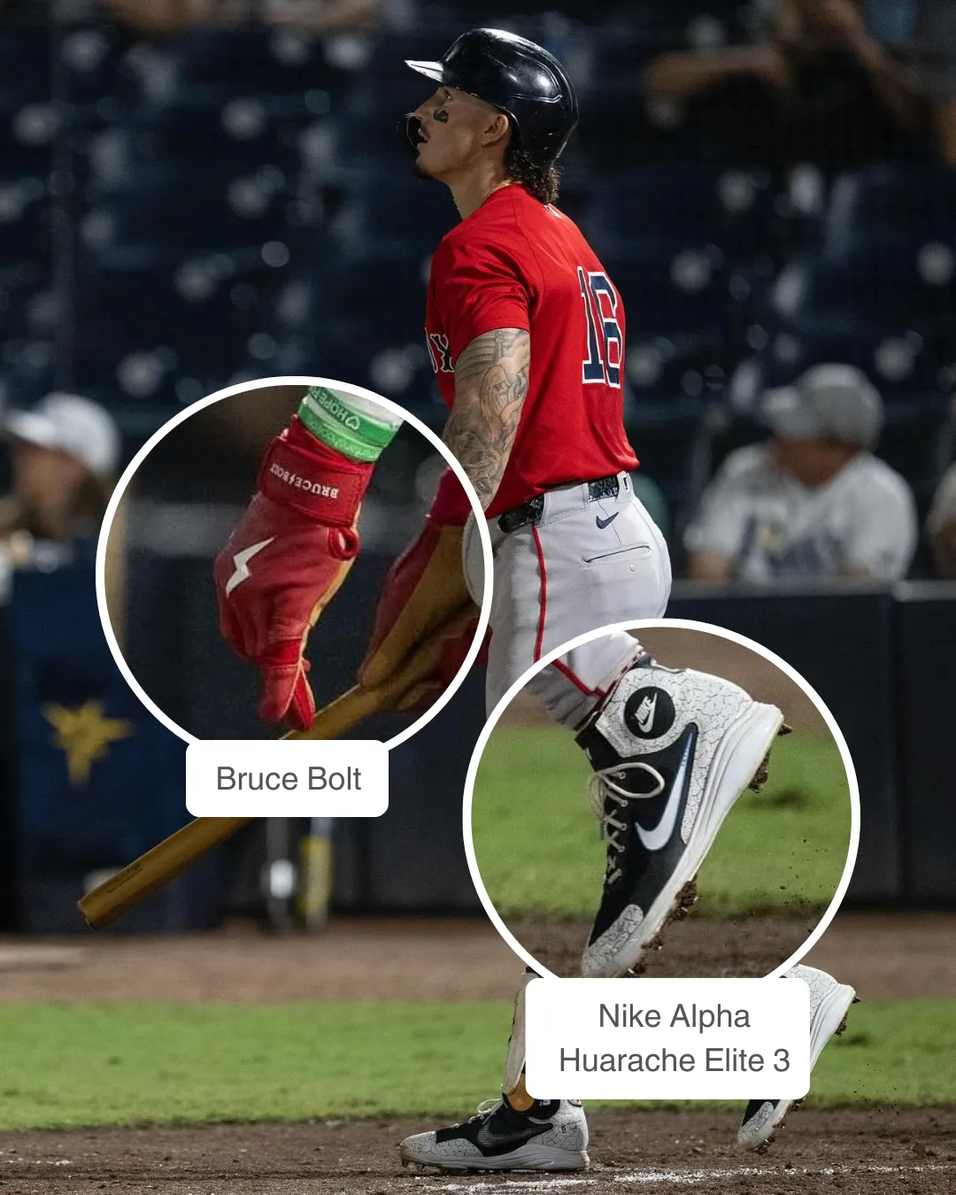 Jarren Duran wearing Victus bat and Bruce Bolt batting gloves