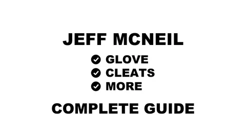 A graphic for the complete guide to Jeff McNeil's baseball gear, featuring his name and a checklist including his bat, cleats, glove, batting gloves, elbow guard, leg guard, and belt.