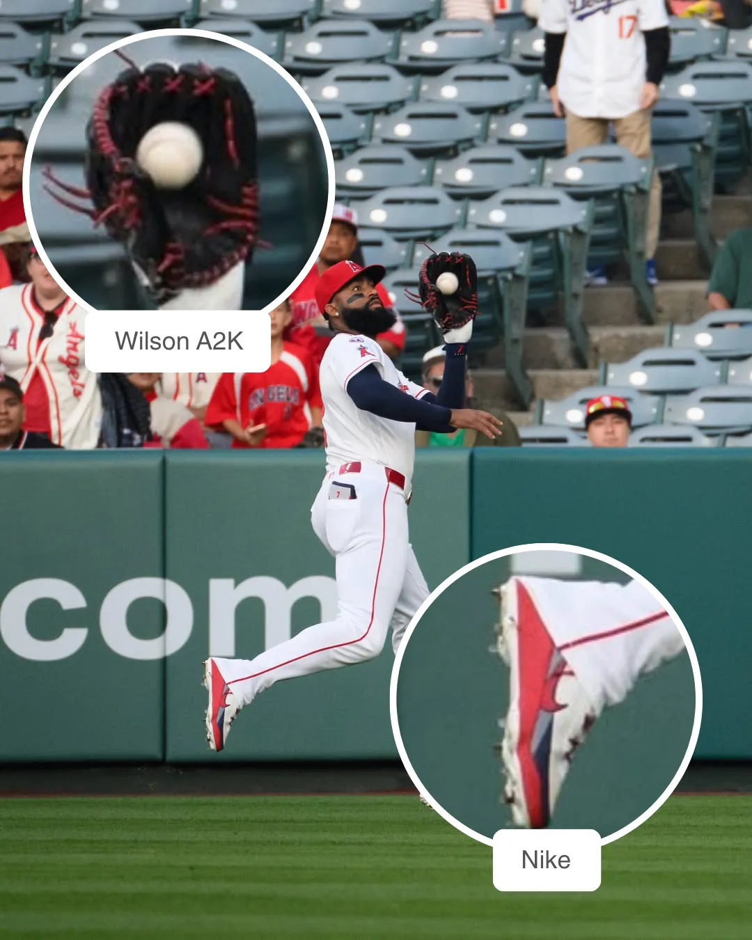 Jo Adell showcasing his Wilson A2K glove and Nike cleats
