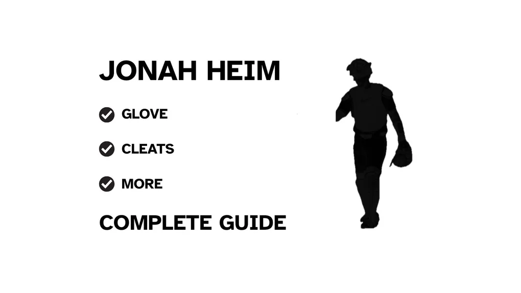 A graphic for the complete guide to Jonah Heim's baseball gear, featuring his name, a silhouette of him catching, and a checklist including his glove and cleats.