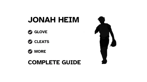 A graphic for the complete guide to Jonah Heim's baseball gear, featuring his name, a silhouette of him catching, and a checklist including his glove and cleats.