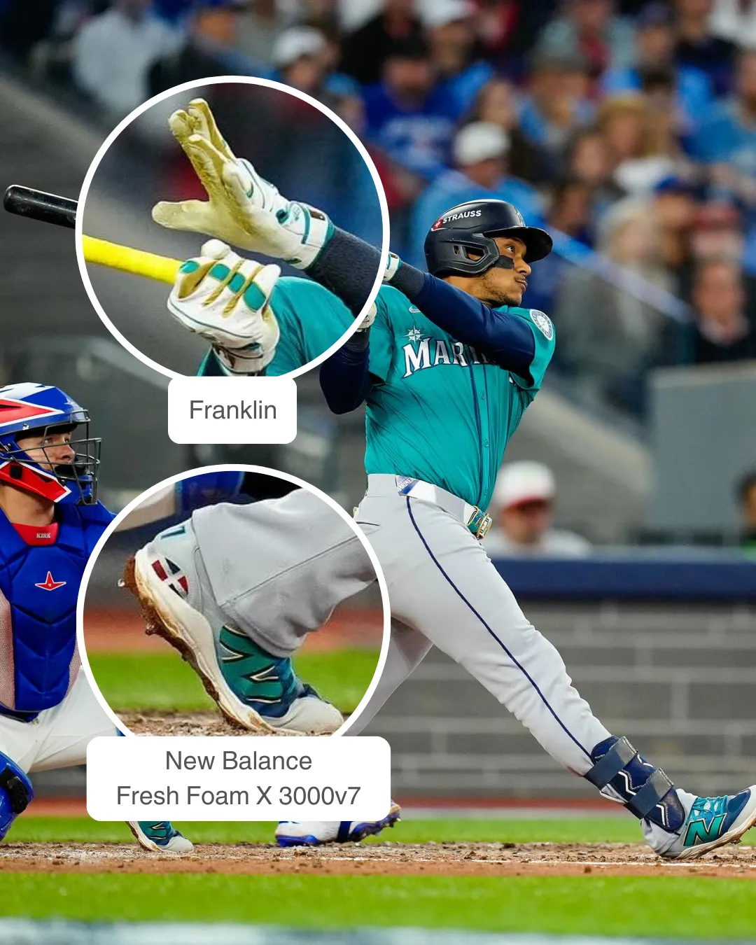 Jorge Polanco wearing Victus bat, Franklin batting glove, EvoShield leg guard and New Balance Fresh Foam X 3000v7 cleats