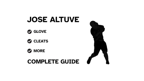 A graphic for the complete guide to Jose Altuve's baseball gear, featuring his name, a silhouette of him batting, and a checklist including his glove and cleats.