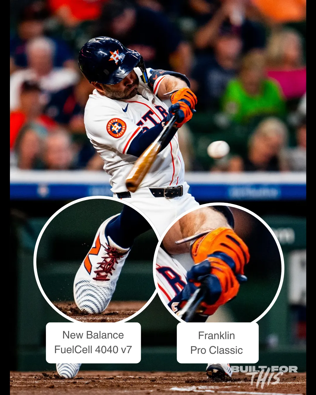 Jose Altuve wearing Franklin batting gloves and New Balance cleats