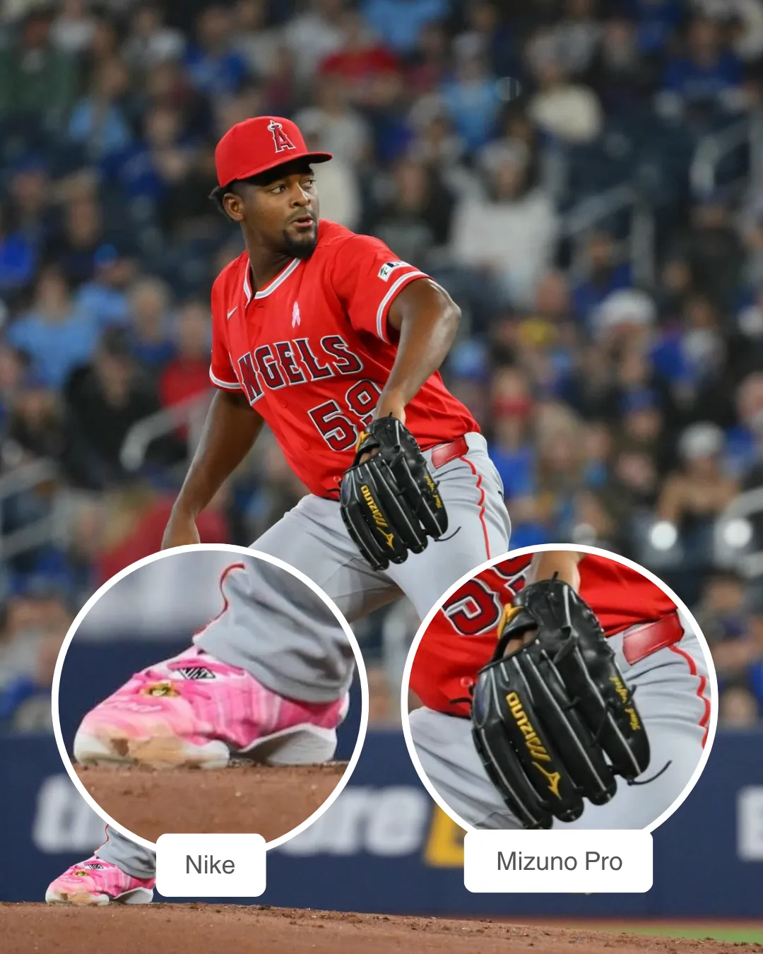 José Soriano showcasing his Mizuno Pro Glove and Nike Cleats