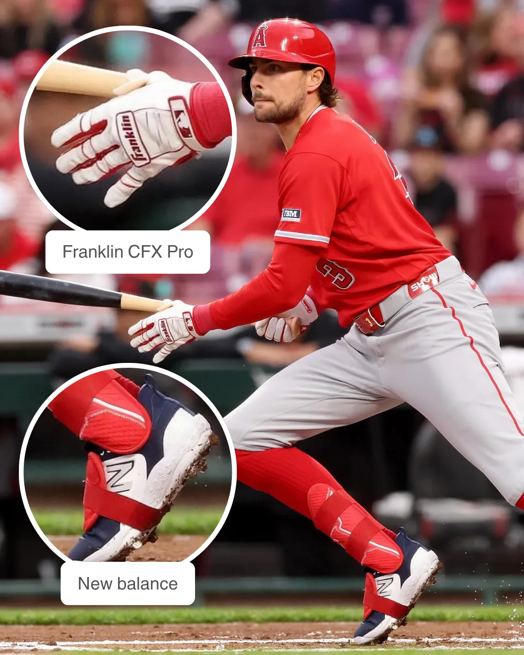 Josh Lowe showcasing his Franklin batting gloves and New Balance cleats
