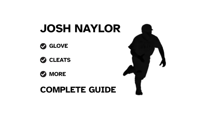 A graphic for the complete guide to Josh Naylor's baseball gear, featuring his name and a silhouette of him batting.