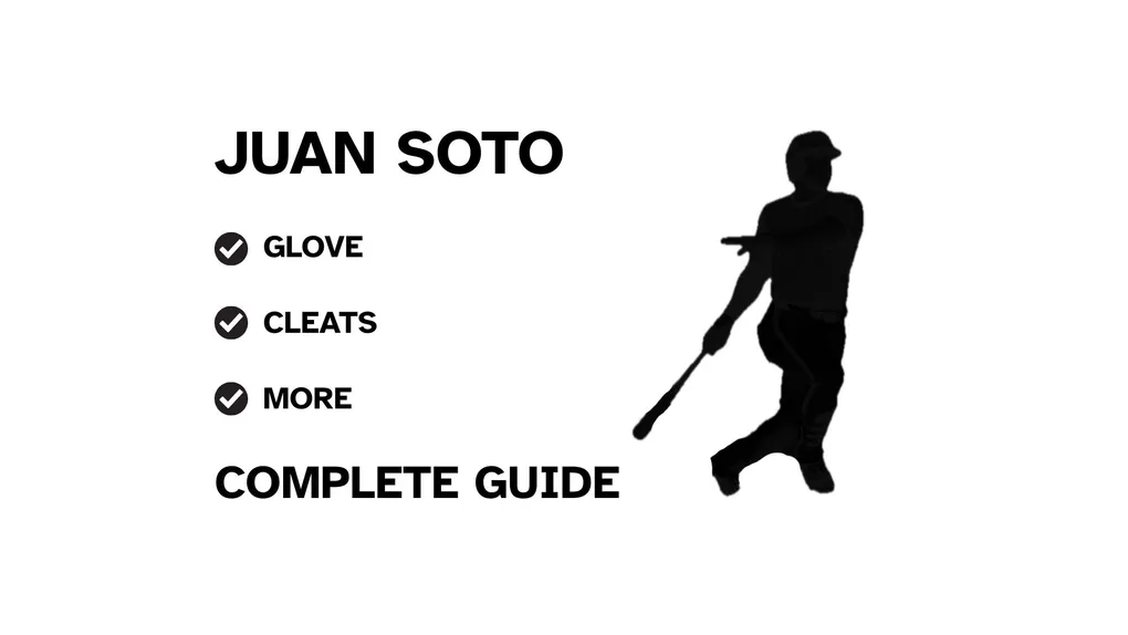 A graphic for the complete guide to Juan Soto's baseball gear, featuring his name, a silhouette of him batting, and a checklist including his glove and cleats.