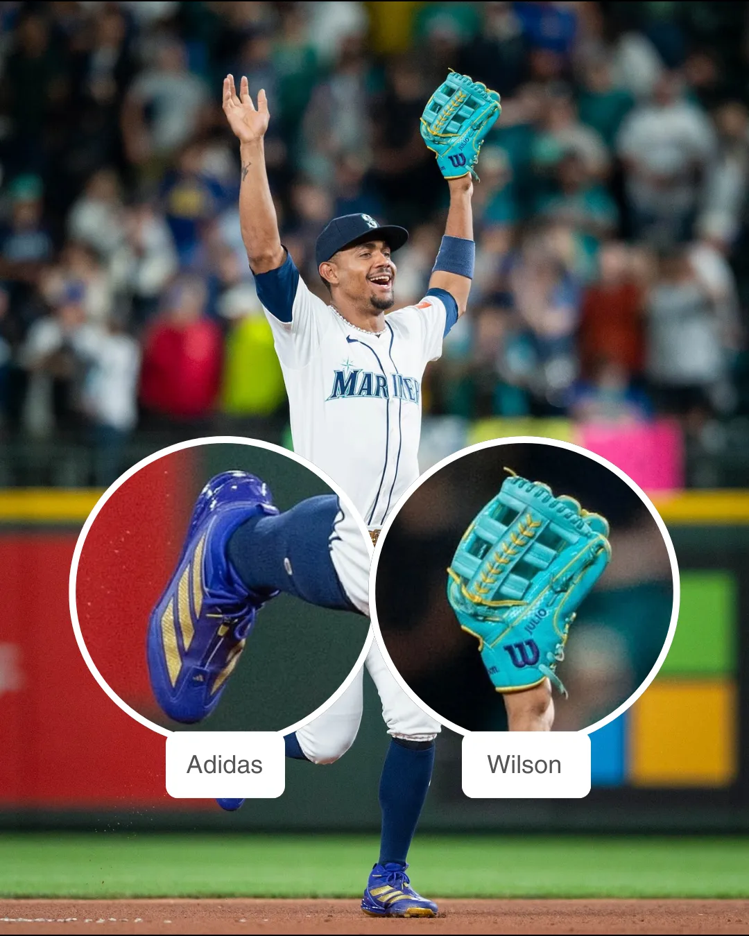 Julio Rodríguez wearing a Wilson glove and Adidas cleats.