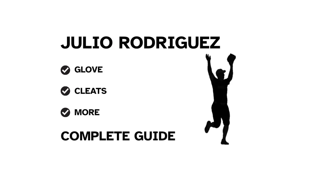 A graphic for the complete guide to Julio Rodríguez's baseball gear, featuring his name, a silhouette of him batting, and a checklist including his glove and cleats.