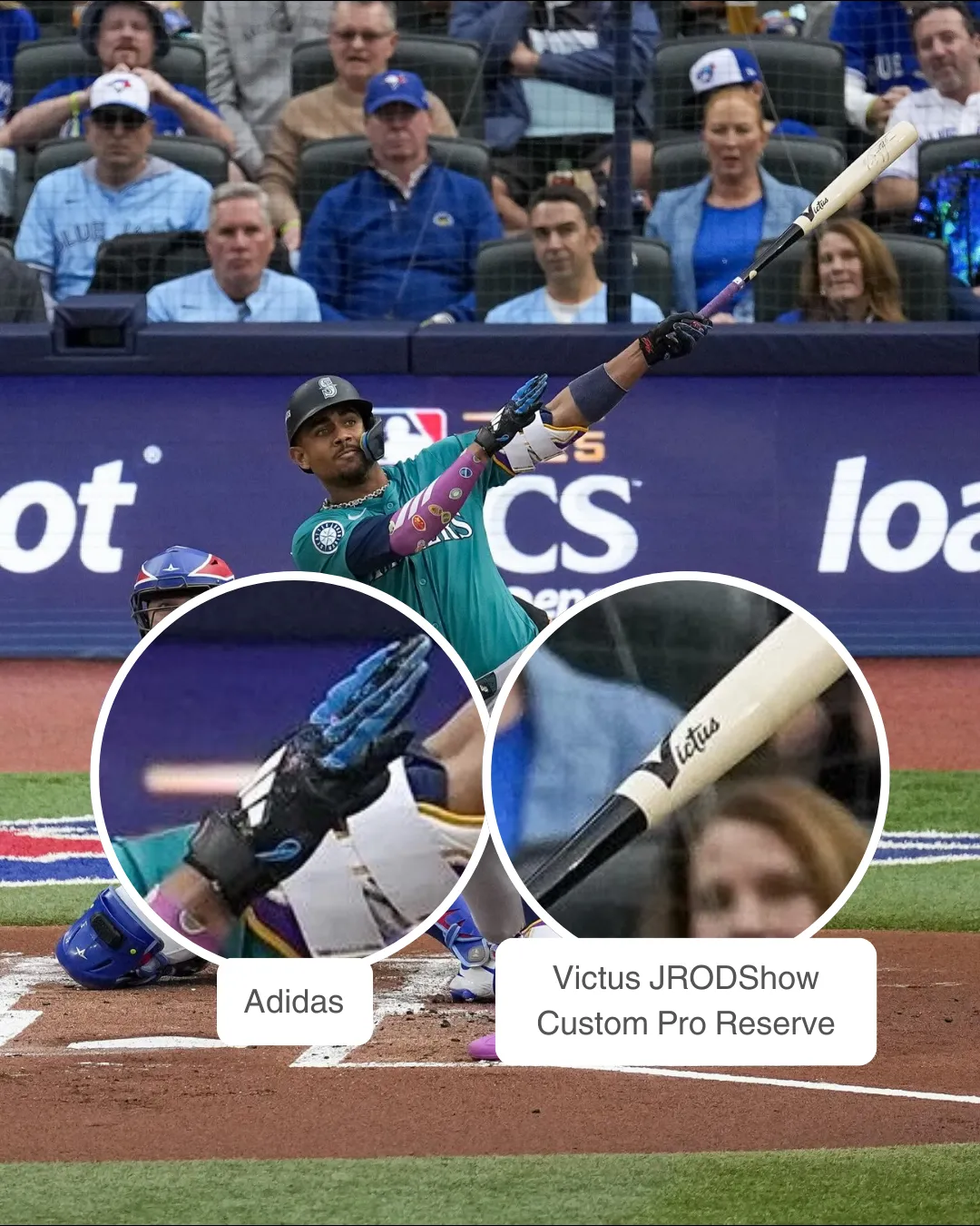 Julio Rodríguez at bat with his custom Victus bat and Adidas batting gloves.