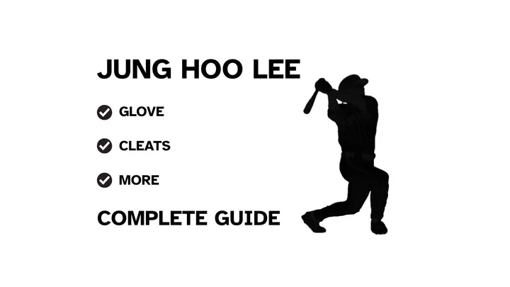A graphic for the complete guide to Jung Hoo Lee's baseball gear, featuring his name, a silhouette of him batting, and a checklist including his glove and cleats.
